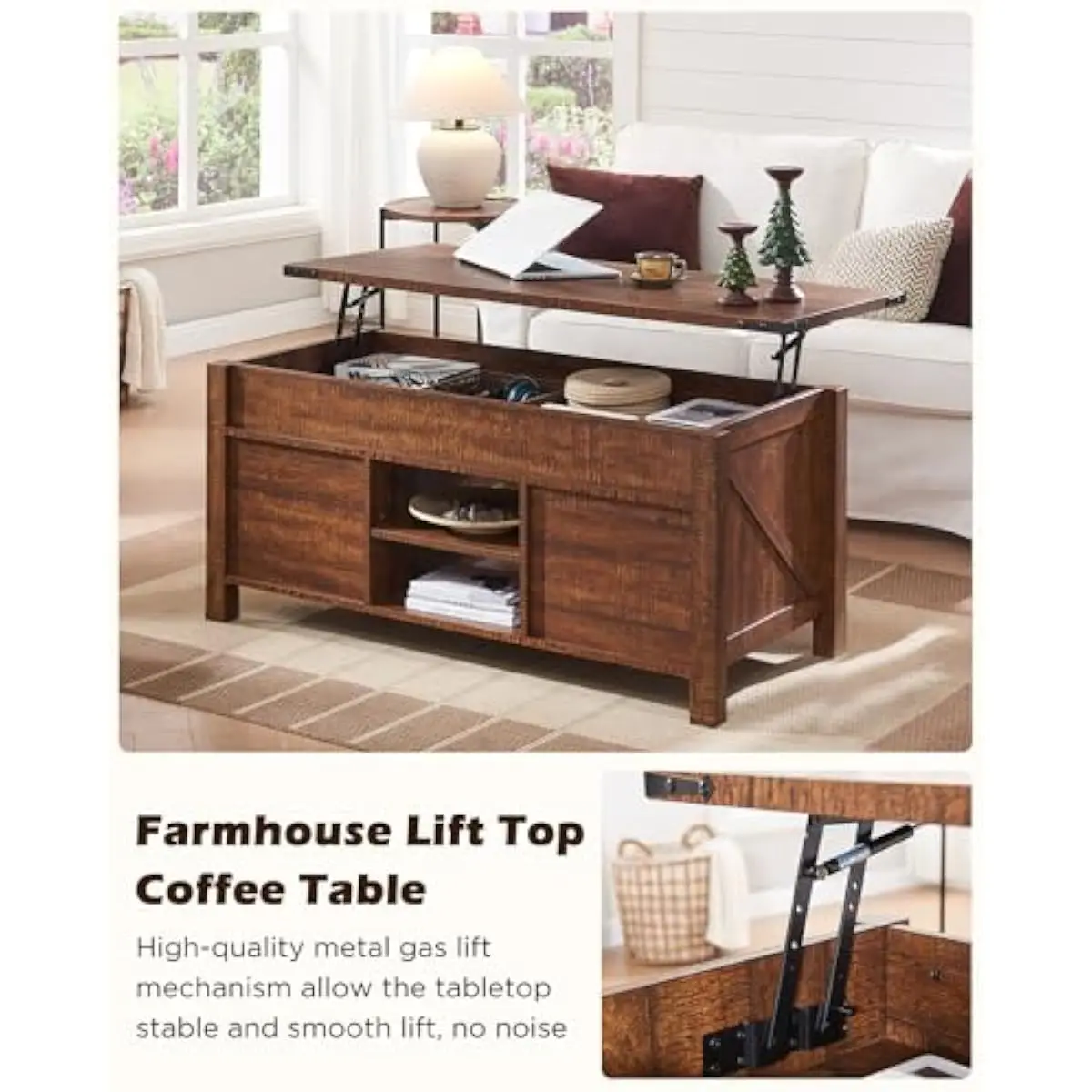 48 Inch Rustic Lift-Top Living Room Table Featuring Sliding Barn Door Storage Cubby Adjustable Shelves Smooth Hinge Mechanism St