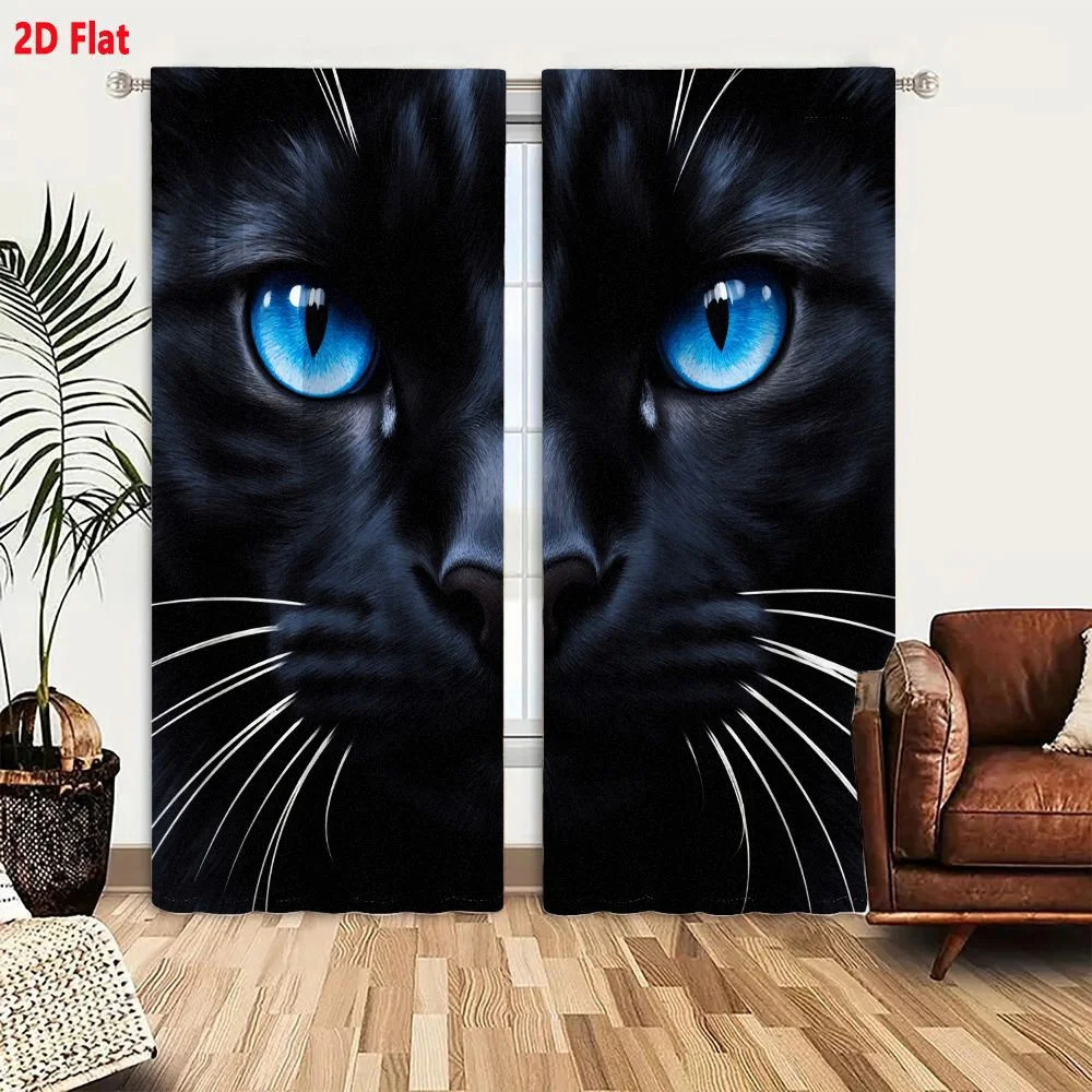2Pcs Curtains 2D Flat Close - up Digital Illustration Of A Black Cat With Glossy Fur And Vivid Bright Blue Eyes Window Drapes fo