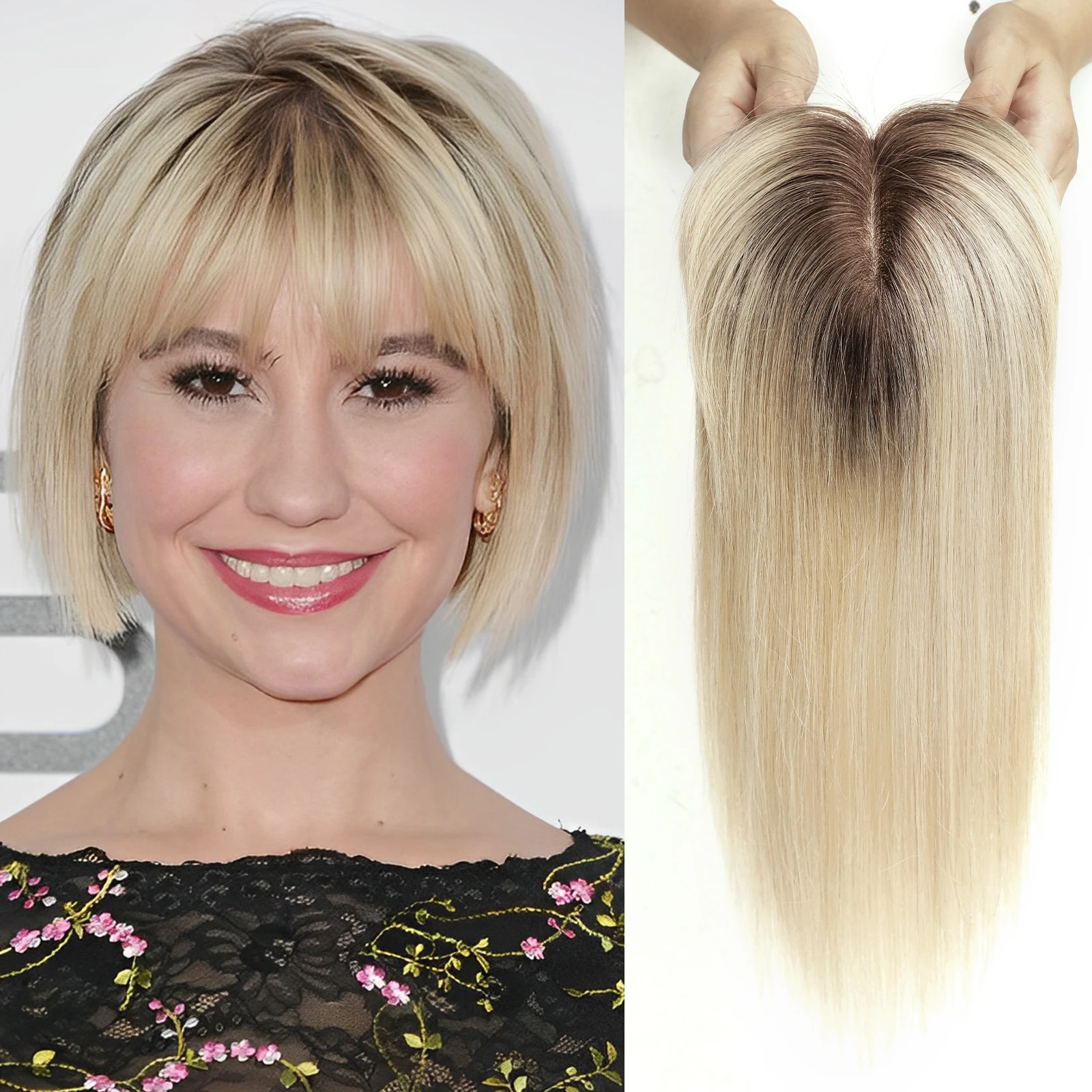 Light Honey Blonde Remy Human Hair Toppers with Bangs 10inches Straight Human Hairpieces for Women Silk Base Human Hair Toppers image 3