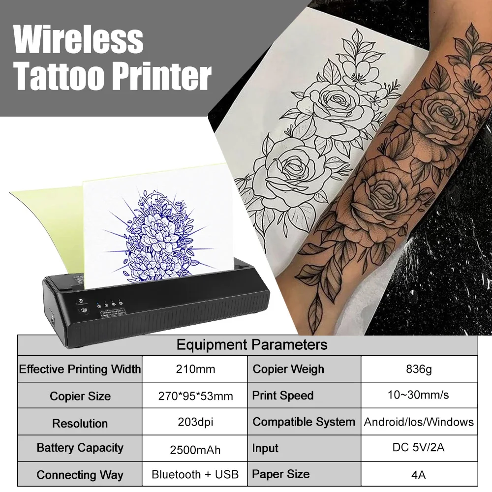 Draadloze Tattoo Overdracht Stencil Printer Overdracht Thermische Kopieermachine Compatibel Met Smartphone & Pc 10 Tattoo Papier Als Cadeau