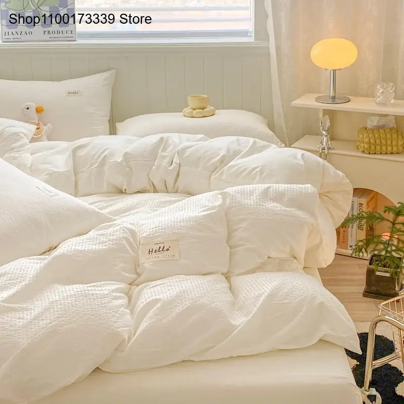 Spring Autumn Bedding Set In Seersucker Washed Cotton Simple and Elegant Pure Color Quilt Cover Bed Sheet Bedroom Set