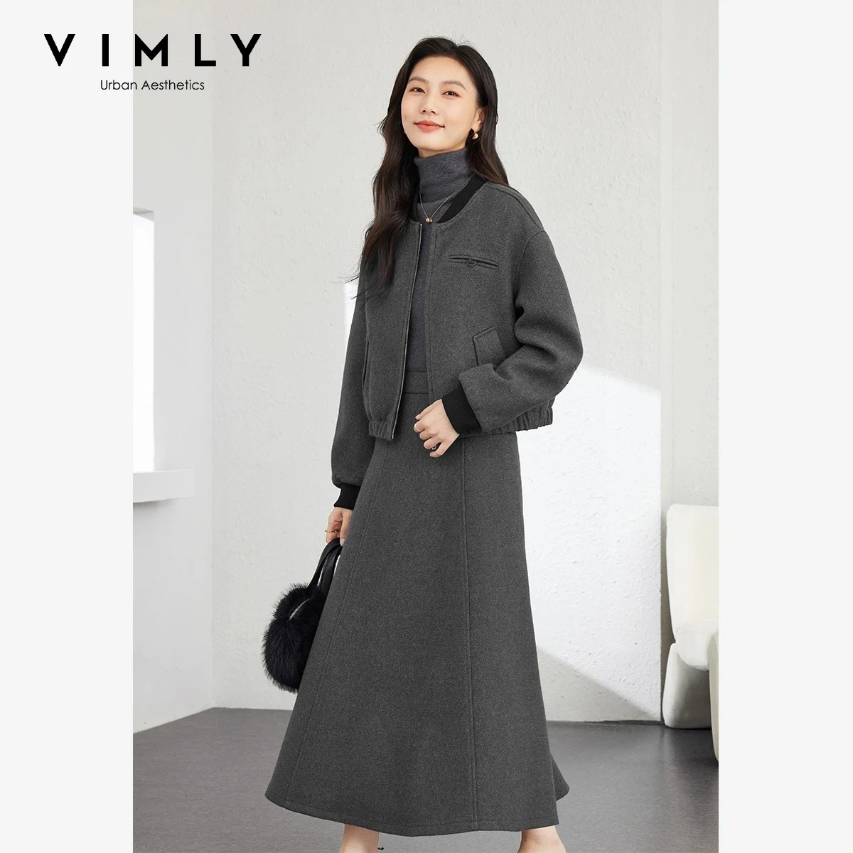 VIMLY Women's Skirt Two-piece Set 2026 Fall Winter Zip Up Padded Baseball Jackets Long Skirts Office Lady Matching Outfit M9168