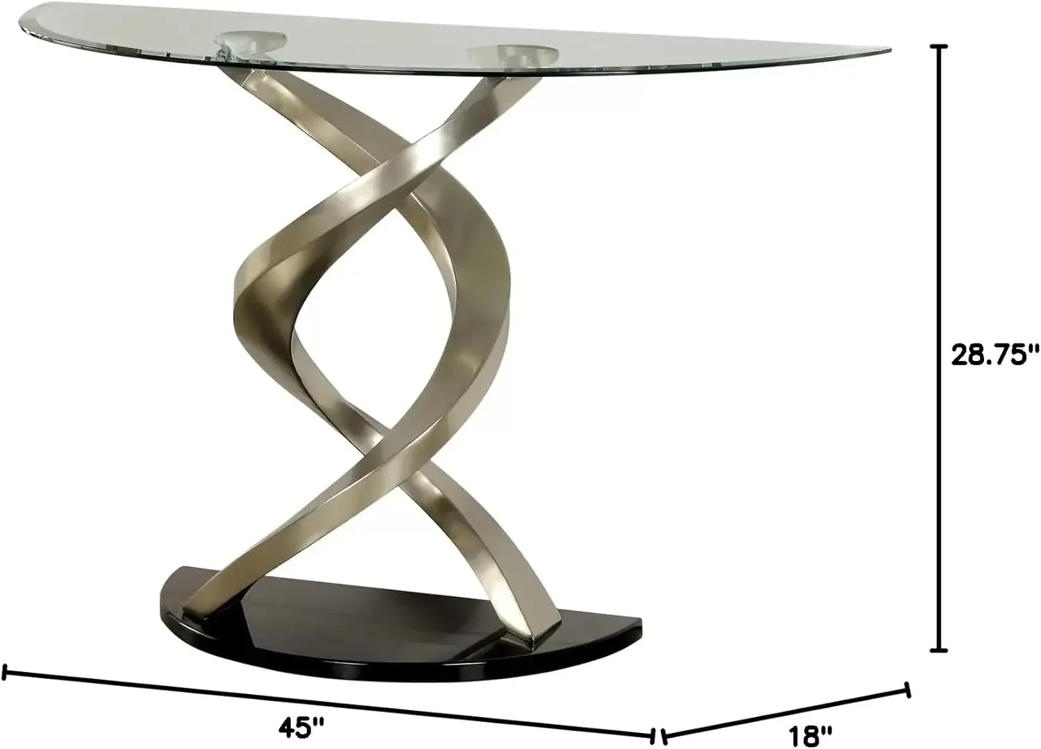 Sofa Table with Twisted Metal Base and Semi Circular Glass Top, Silver and Black