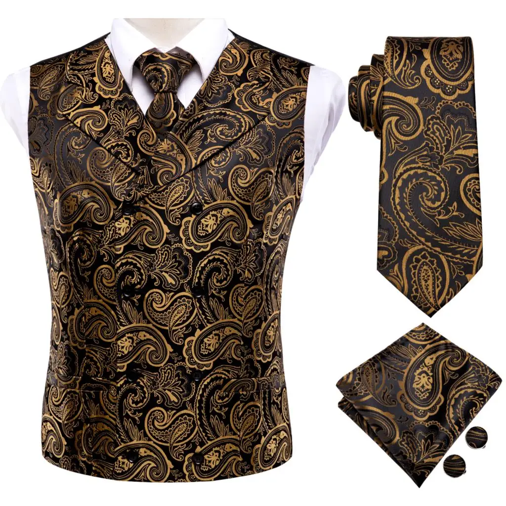 Hi-Tie Gold Black Paisley Floral Silk Men Slim Waistcoat Necktie Set For Suit Dress Wedding 4PCS Vest Necktie Hanky Cufflink Set