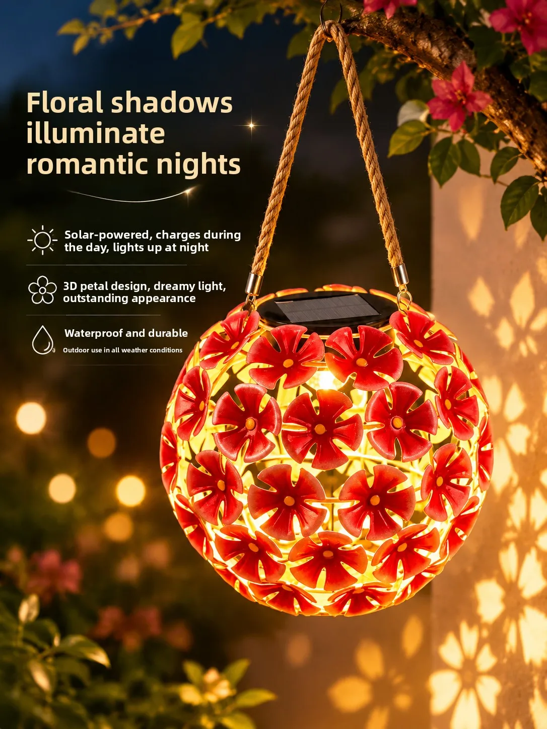 Solar Powered Garden Lanterns Outdoor Atmosphere Courtyard Hanging Decorations Resin Lampshade Metal Body Chinese Style Lighting