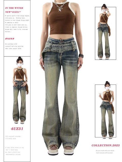 2023 Women’s Blue Flare Pants Y2k Retro Streetwear High Waist 