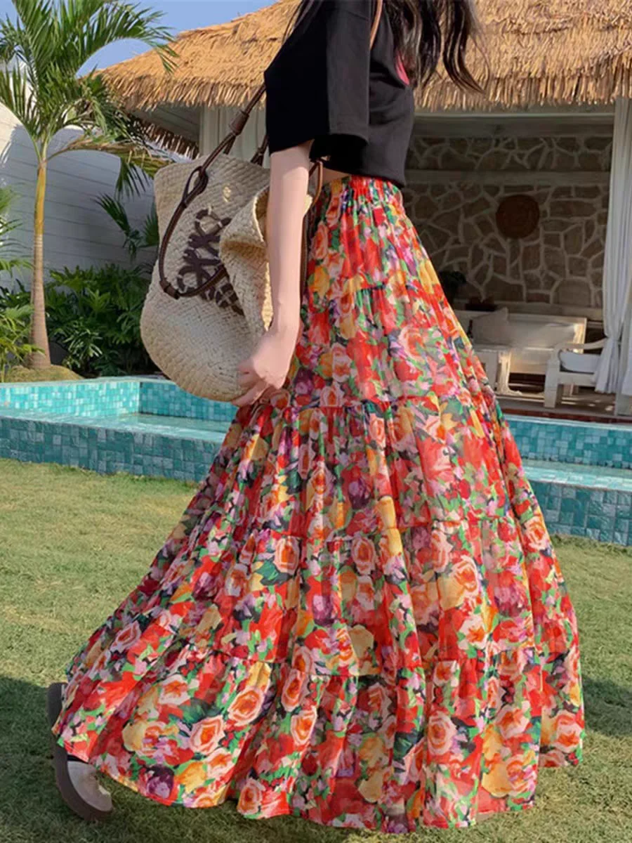 

Лето 2025 г., шифоновая многоярусная макси-юбка с цветочным принтом | Струящаяся юбка-трапеция с высокой талией и расклешенным цветом