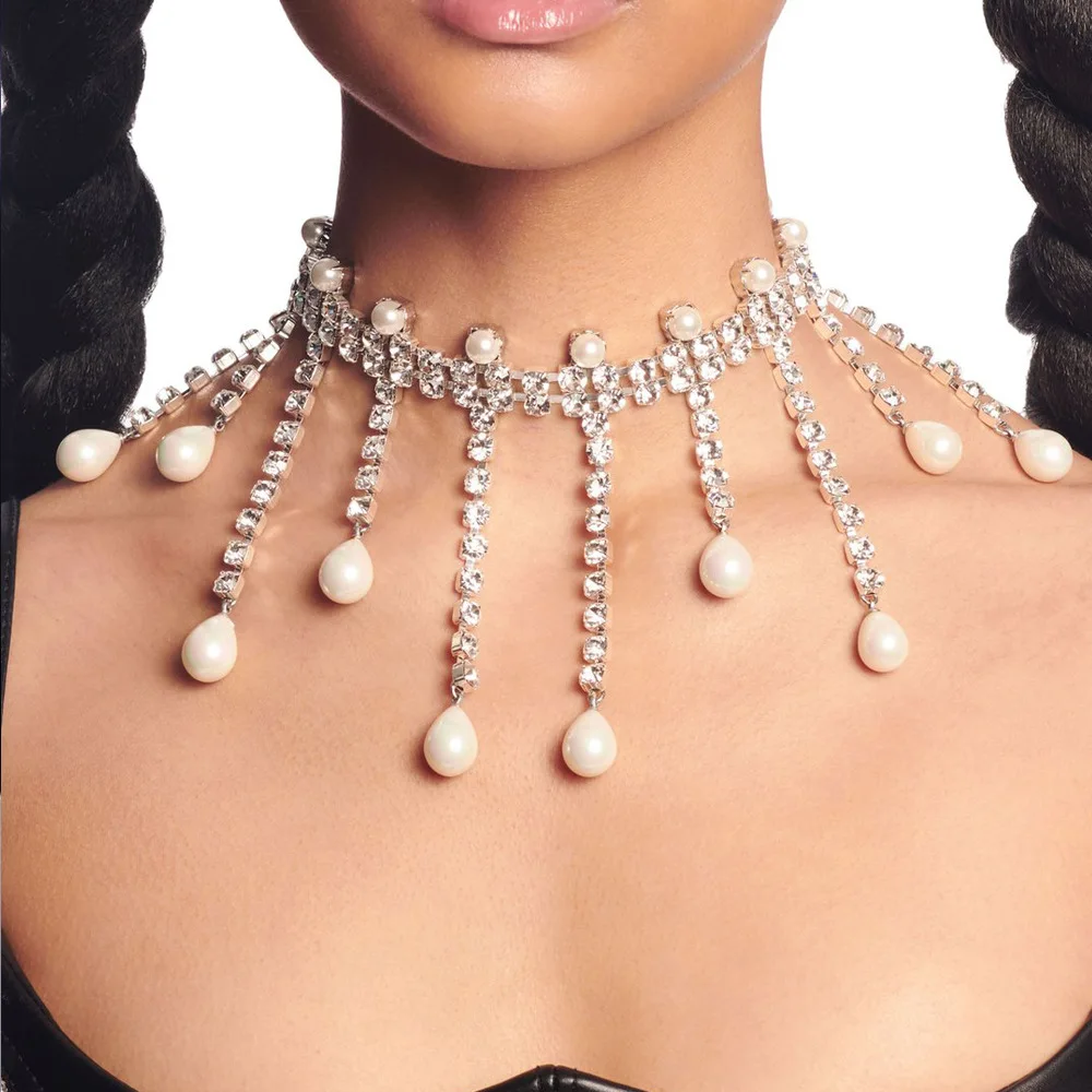 Stonefans Crystal Pearl Tassels Choker Necklace Statement Accessories Fashion Women Rhinestone Collar Necklace Clavicle Jewelry