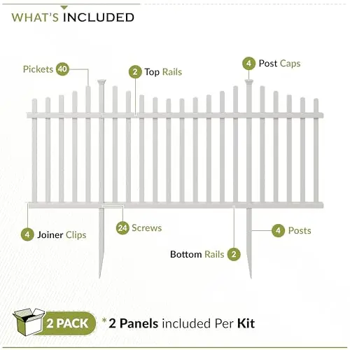 

White Vinyl Picket Fence Kit, 42” High × 92” Wide, 2 No-Dig Panels For Temporary Outdoor Yard, Patio, Garden Barrier