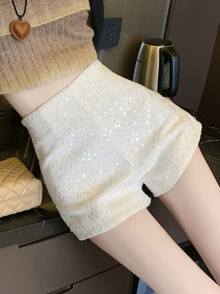 

Short Pants Women Black White Femme High Waisted Buttocks Wrapped A-line Wide Leg Hot Pink Sequin S Sweet Slim Y2k Short