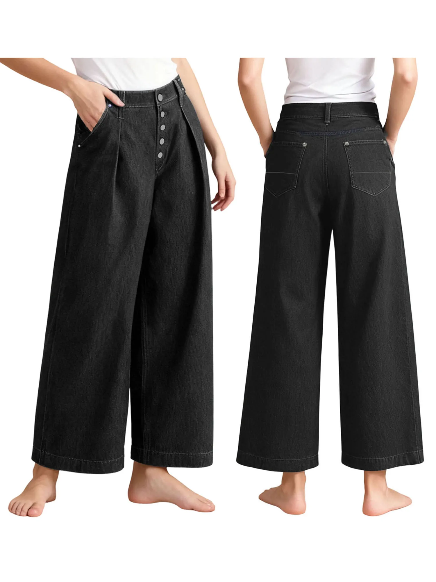 

Женские стильные широкие джинсовые брюки с карманами. Модные свободные джинсы со средней посадкой однотонного цвета для повседневной носки.