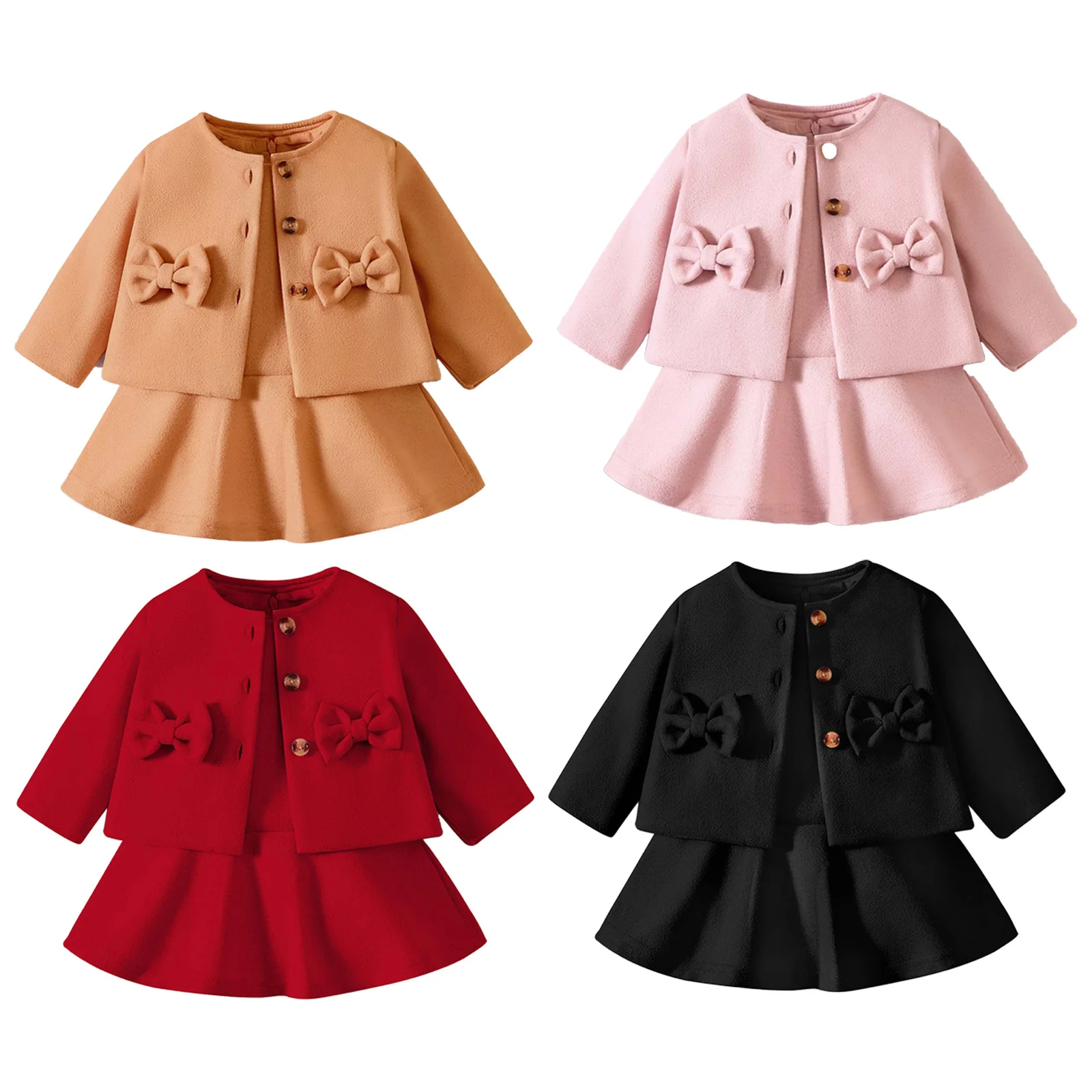 Infant Girls Fashion Casual Sweet Cute Outfit Long Sleeve Bow Coat with Sleeveless Dress for Birthday Wedding Party Photography