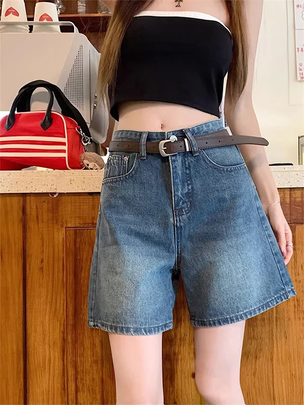 

Retro Blue Five-Quarter Women's Jeans Casual Loose Wide Leg Straight Cut High Waist Denim Shorts Summer New Style Versatile