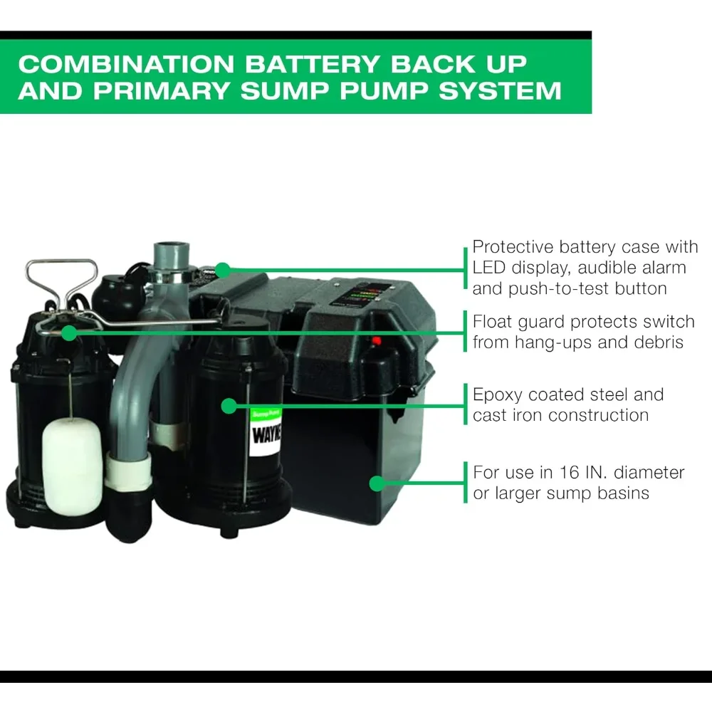 WAYNE - 1/2 HP seminterrato [pozzetto] [pompa] sistema con interruttore a galleggiante verticale integrato e capacità di backup 12 Volt [batteria]