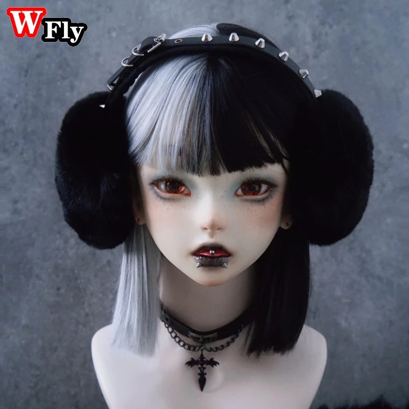 Y2K Gothic Lolita Women Girls Punk Rivet Warm Earmuffs Lady Winter Warmer Black Furry Ear Cover Foldable Headband Accessories