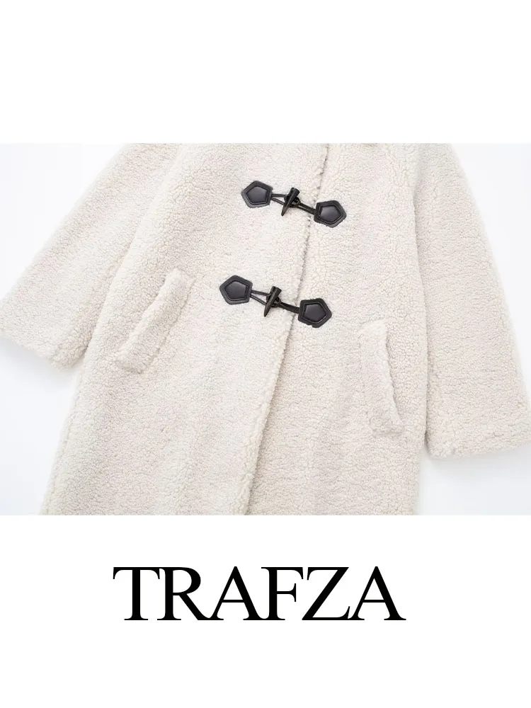 Trafza Frauen Mode weißen Horn Knopf Mantel Vintage Revers Hals lange Ärmel weibliche Winter Chic lässig dicken warmen Fleece Mantel