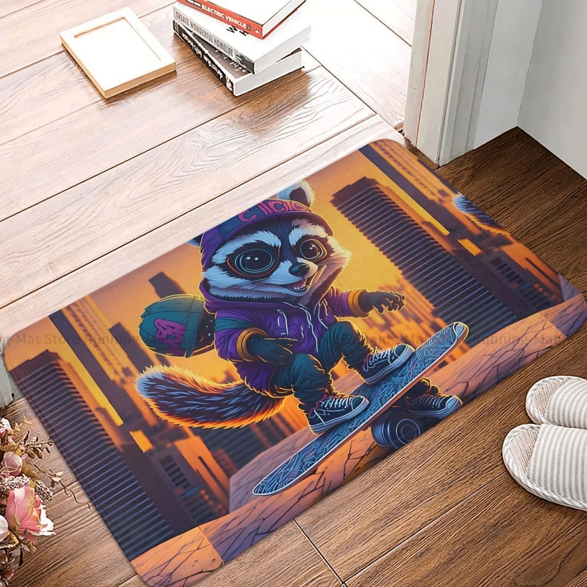 Raccoon Bath Mat Skateboarding Doormat Kitchen Carpet Entrance Door Rug Home Decor