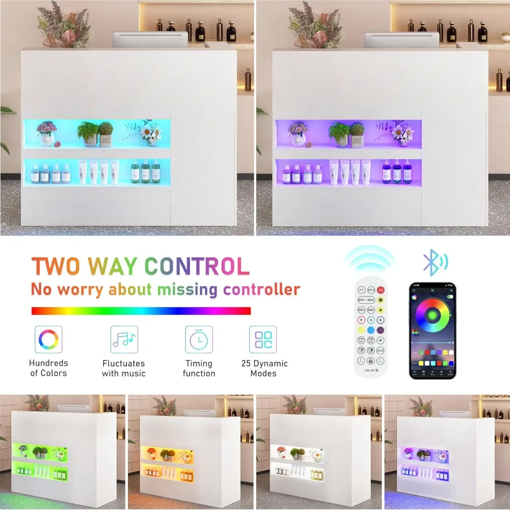 مكتب استقبال مع منافذ طاقة أضواء LED، طاولة غرفة استقبال حديثة على شكل حرف L مع حلقة كابل، سحب قابل للقفل #5