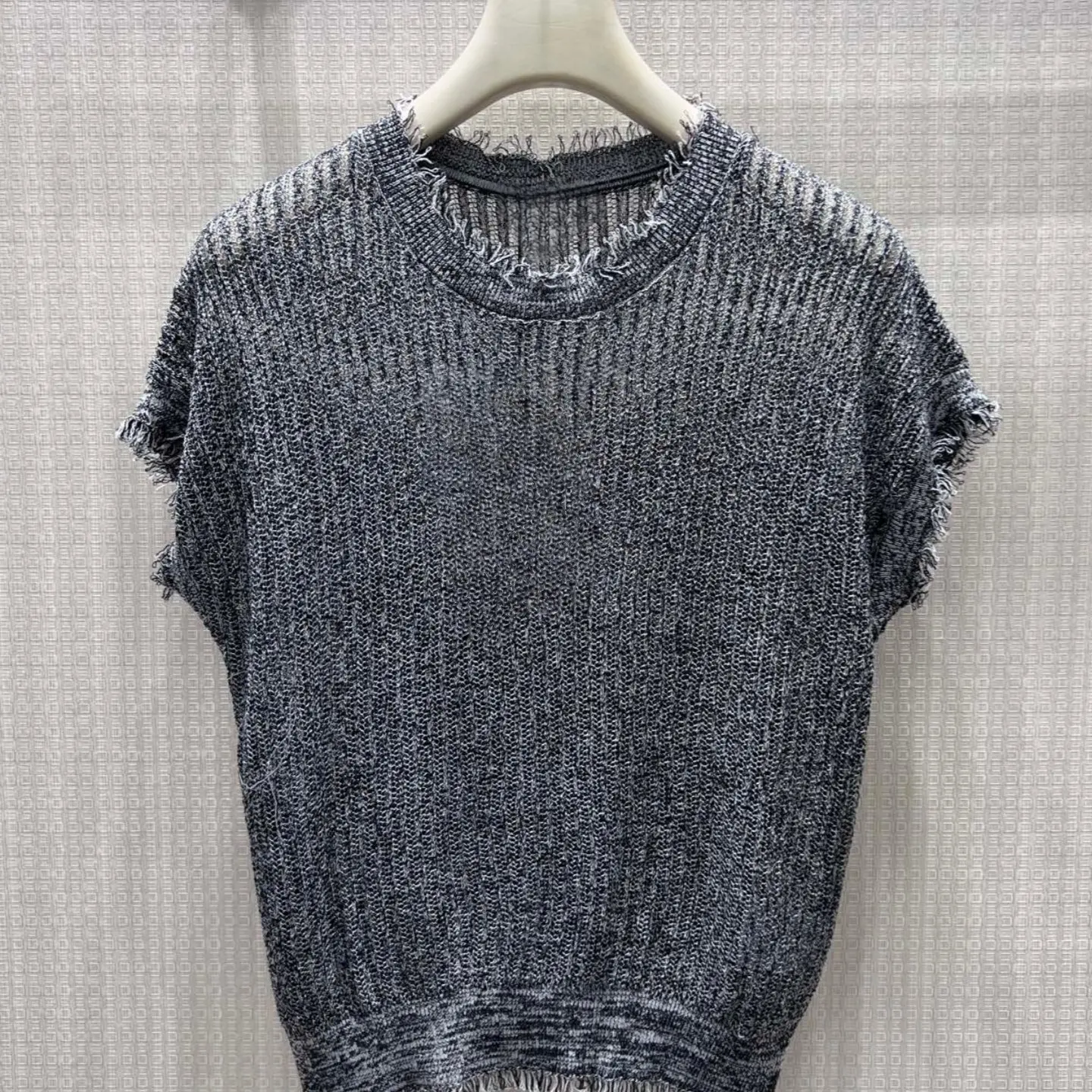 Women's Summer New Casual Frayed Hem Short Sleeve Breathable Openwork Knit Top Pullover