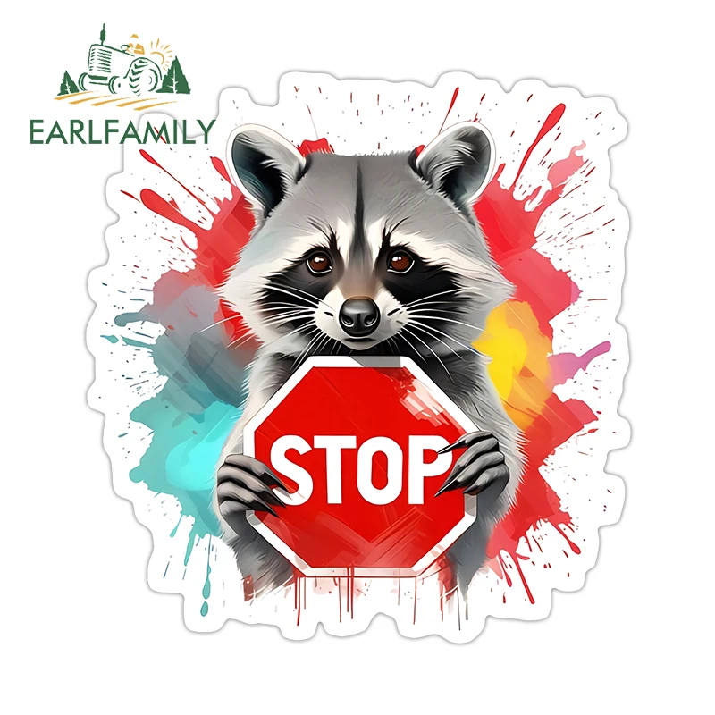 EARLFAMILY Stop Raccoon Cute Car Stickers Popular Animal Warning Sign Refrigerators Decals Cool Sunscreen Racing Decoration