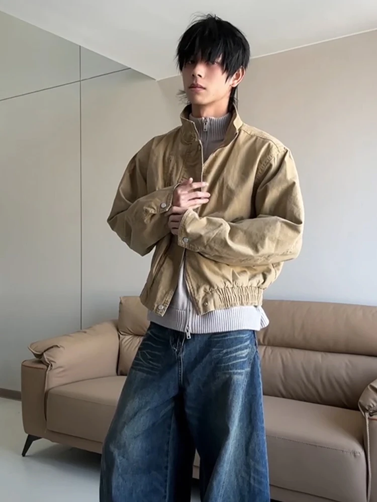 

i ort Boxy Workwear Jaet Men's American Sle Bomber Stand Collar Wide Spring Outerwear Casual Loose Fit Polyester