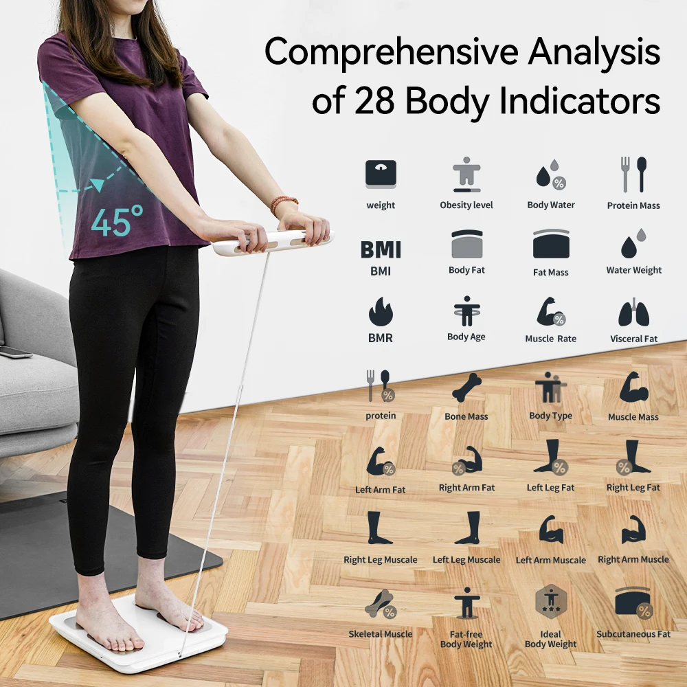 Báscula Fitdays para percentaje de peso corporal y grasa, báscula de alta precisión de 8 electrodos para medición de composición corporal BMI 20