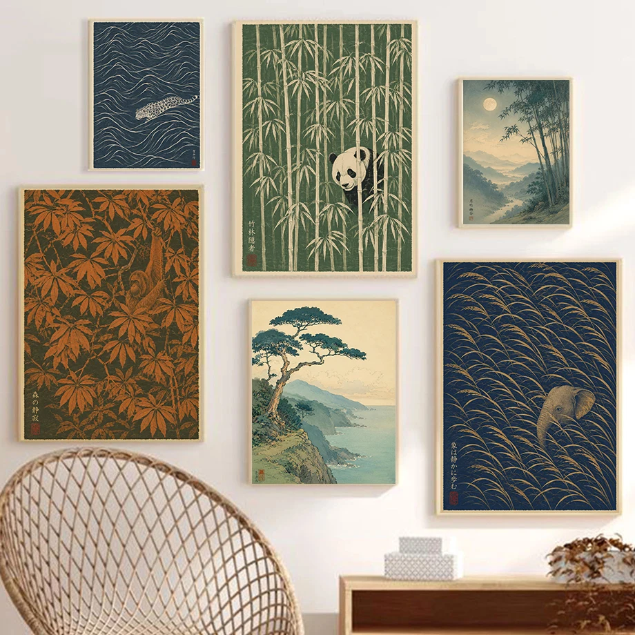 Minimalist Nature Japan Animal Posters Moonlit Bamboo Valley Asian Elephant Prints Canvas Painting Wall Picture Home Room Decor