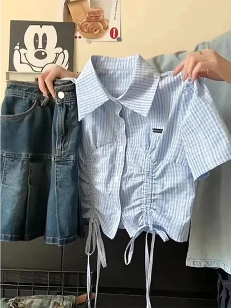 

Шикарный синий клетчатый топ с коротким рукавом для женщин, летний, с завязками, маленького размера, асимметричный, элегантный, для повседневной носки, в корейском стиле