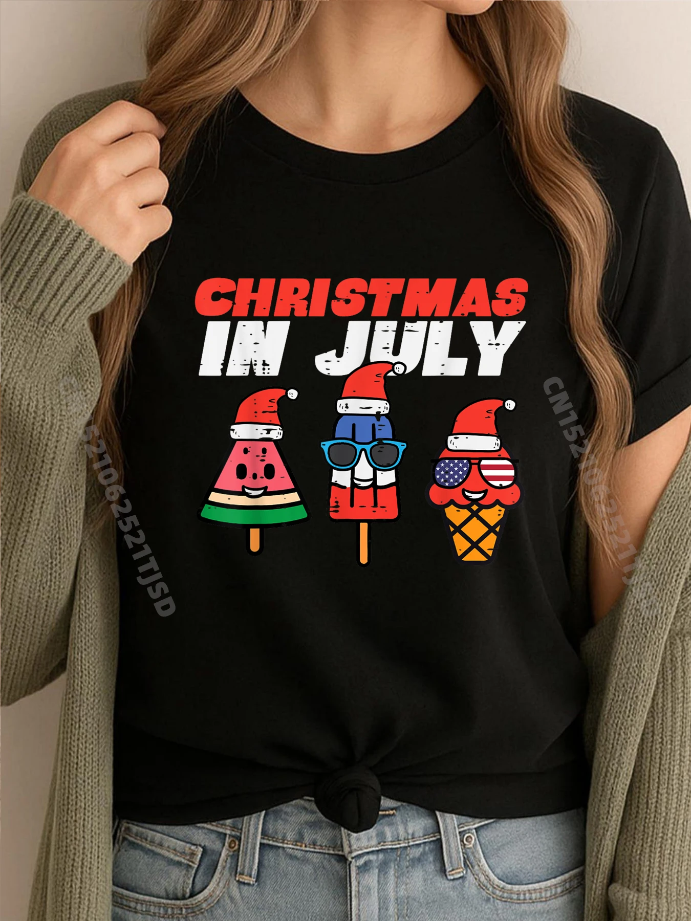 

Christmas In July Popsicles Ice Cream Toddler Streetwear Woman Student Oversize Man Tshirt Washed Vintage