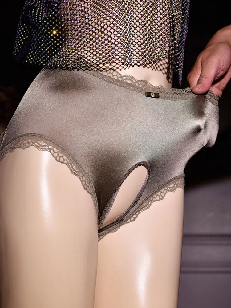Sexy Shiny Satin Women's Panties Lace Allure Open Crotch Underwear Breathable Crotchless Porn Underpants Woman Lingeries