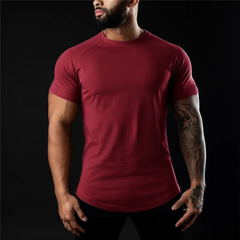 T-shirt à manches courtes et col rond en coton pour homme, vêtement de fitness, gym, musculation, entraînement, été