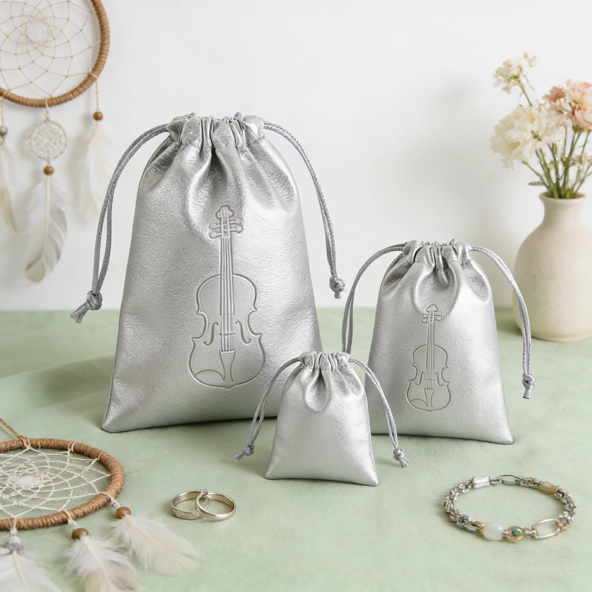 

High-Grade PU Drawstring Bag Custom Logo Size Silver Leather Jewelry Storage Gift Pouches for Gemstones Earrings Watches Perfume