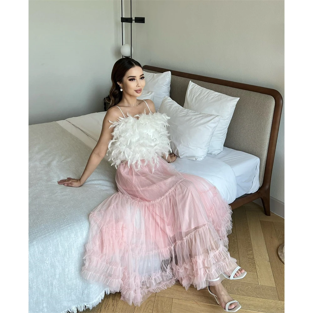 Noble A-Line Spaghetti Straps Prom Dress Ankle Length With Feather Evening Summer Elegant Party Dress For Women 2023