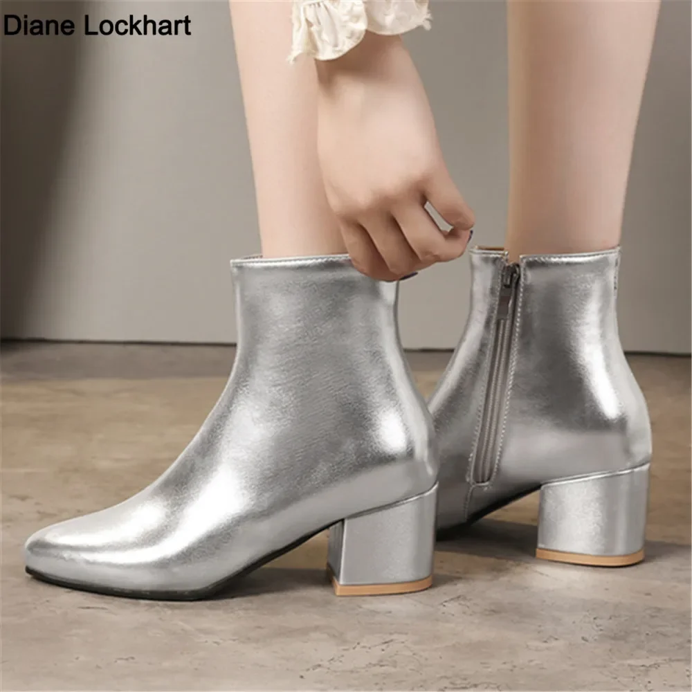 2025 novas botas de tornozelo mulheres dedo do pé apontado grosso salto alto tira ouro preto espelho metálico senhoras bombas femininas sexy botas mujer