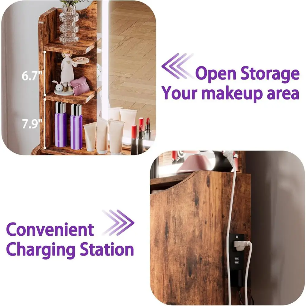 Toaletka w stylu vintage w kolorze brązowym z lustrem, oświetleniem, miejscem do przechowywania, krzesłem i 3 półkami