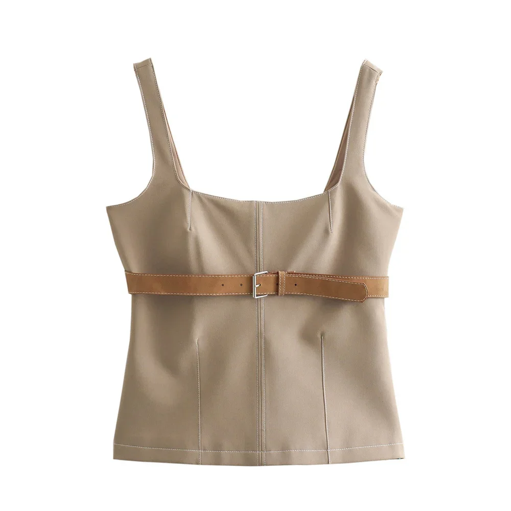

2024 sunmer New Product Women's Fashion, Leisure, and Elegant Snack Line Decoration with Belt and suspender Top