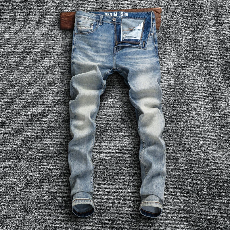 

Italian Designer Fashion Men Jeans High Quality Retro Blue Elastic Stretch Ripped Jeans Men Vintage Denim Pants Hombre Trousers