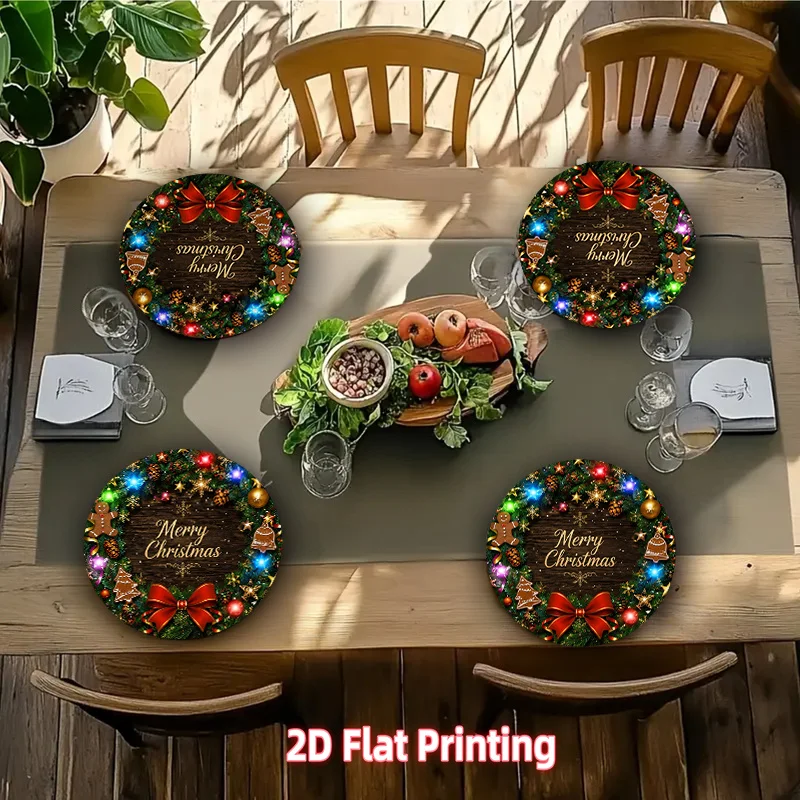 VIKAMA Merry Christmas String Lights Round Placemat, Non Slip Washable Heat Resistant Mat, Winter Holiday Kitchen Dining Decor