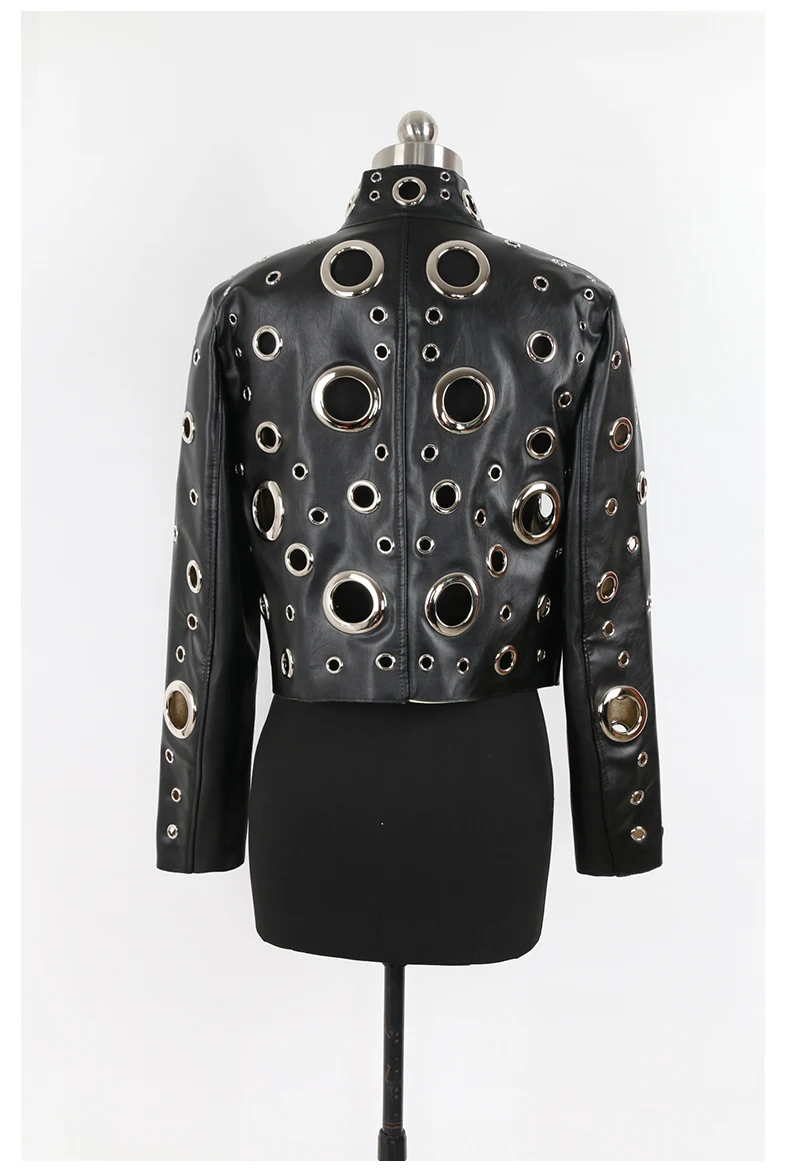 Nerazzurri Spring Autumn Short Hollow Out Pu Leather Jacket Women Rivet Cool Stylish Luxury Designer Clothes Runway Fashion 2024