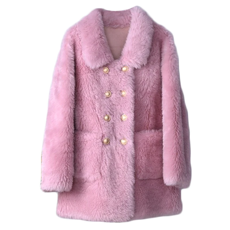 Women Sheep Shearling Soft Medium Coat Female Lady Real Wool Fur Warm Double Breasted Overcoat Parka PT342