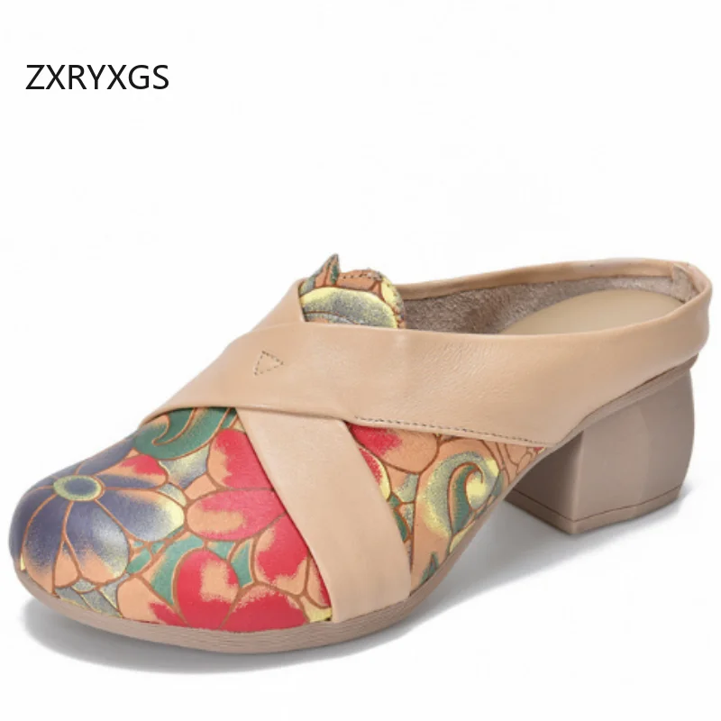 

ZXRYXGS Classic Printing Handsome Full Genuine Leather Slippers Fashion Sandals 2025 Summer Wearing Outside Slipper Mid Heesl