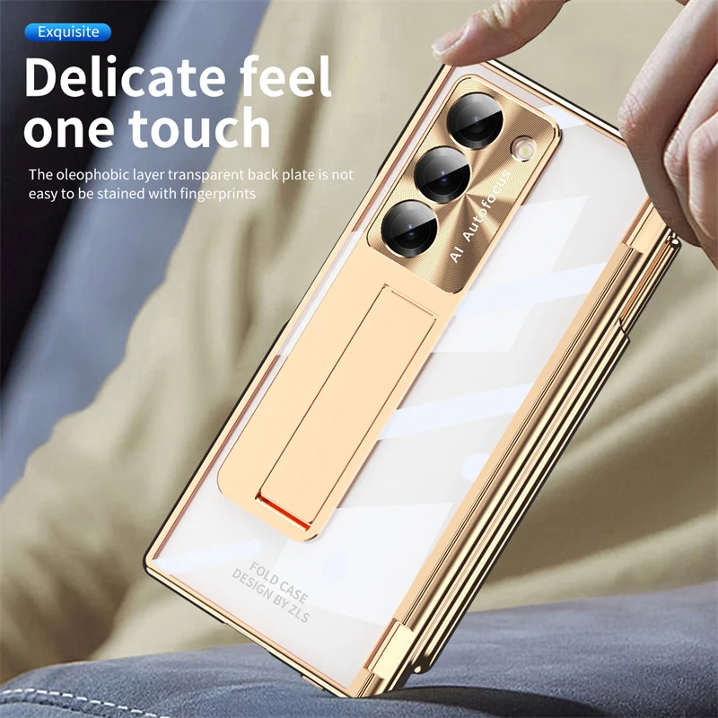 For Samsung Galaxy Z Fold 3 4 5 Case Electroplated Hinge Transparent 360 Full Protective Film Bracket Cover For Galaxy Z Fold6