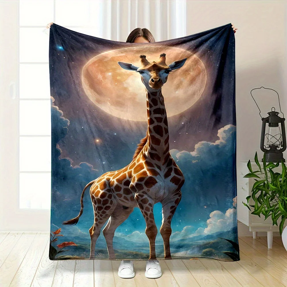 Cozy Giraffe Under Moonlight Flannel printed blanket suitable for all seasons suitable for living room office sofa and travel