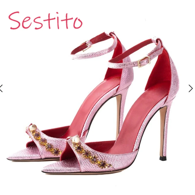 

Pink Sandals with Fashionable Pointed Rhinestone Design and Buckle Slim High-Heeled Banquet Shoes Sandalias De Mujer Verano