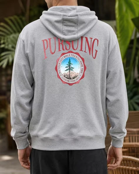 Men Zip Up Hoodie Vintage Mountain Pine Tree Pursuing Back Print Hooded Jacket Outdoor Casual Street Sweatshirt