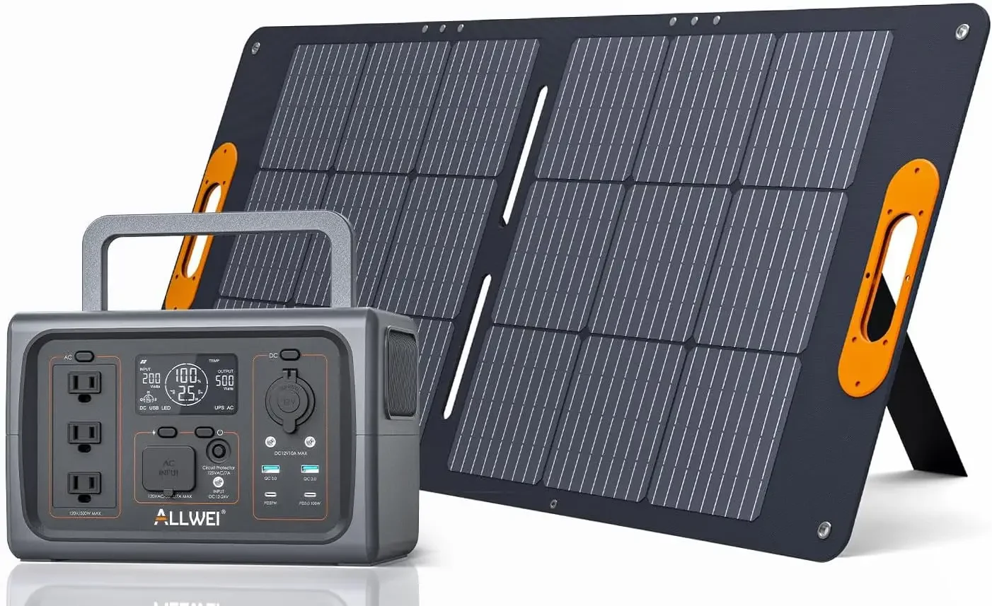 

ALLWEI 500W LiFePO4 Solar Generator(Surge 1000W) with 100W Solar Panel, 512Wh Portable Power Station, UPS Function, 3 AC Outlets