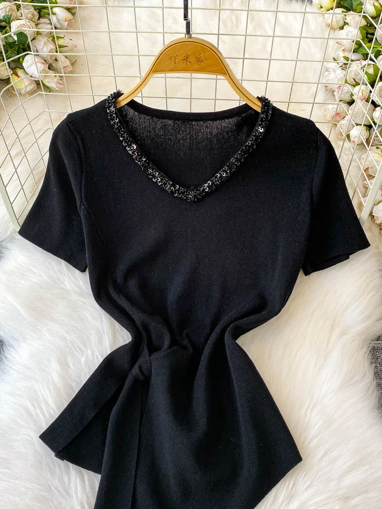 여성 패션 반팔 탑 셔츠 여름 한국 스타일 새로운 섹시한 스팽글 v 넥 불규칙한 슬림 우아한 티셔츠