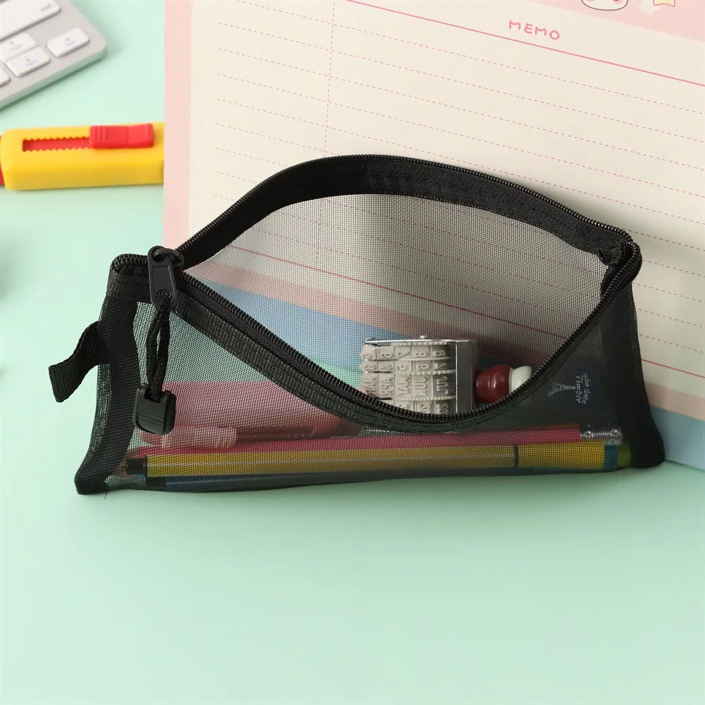 Portable Transparent Pen Bag Square Shape Large Capacity Pencil Case Nylon Mesh Zipper Closure Cosmetic Bag Beauty Tool Storage