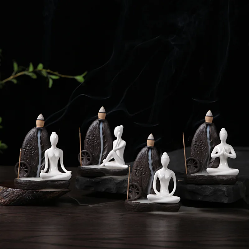 

1Pc Burner+50Pc Cones Ceramic Yoga Girl Censer Backflow Incense Towel Stick Holder Use in Office Teahouse