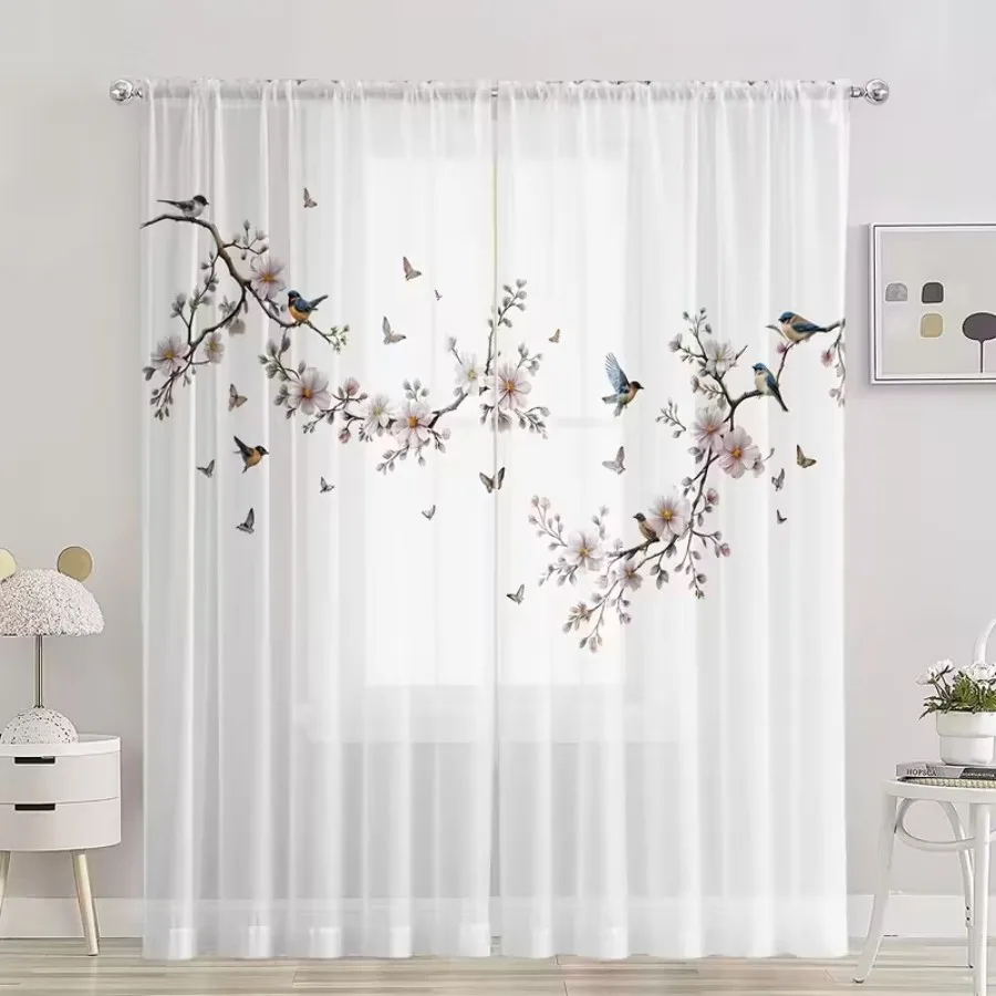 2PCS Digital Print Sheer Curtain, Flower Bird Butterfly Nature Garden Spring Window Drapes for Living Room Bedroom Home Decor view 5